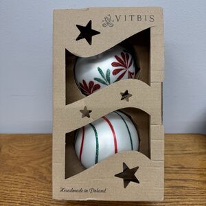 Vitbis Glass Christmas Ornaments White/Red/Green Glitter 3.5" Set of 2